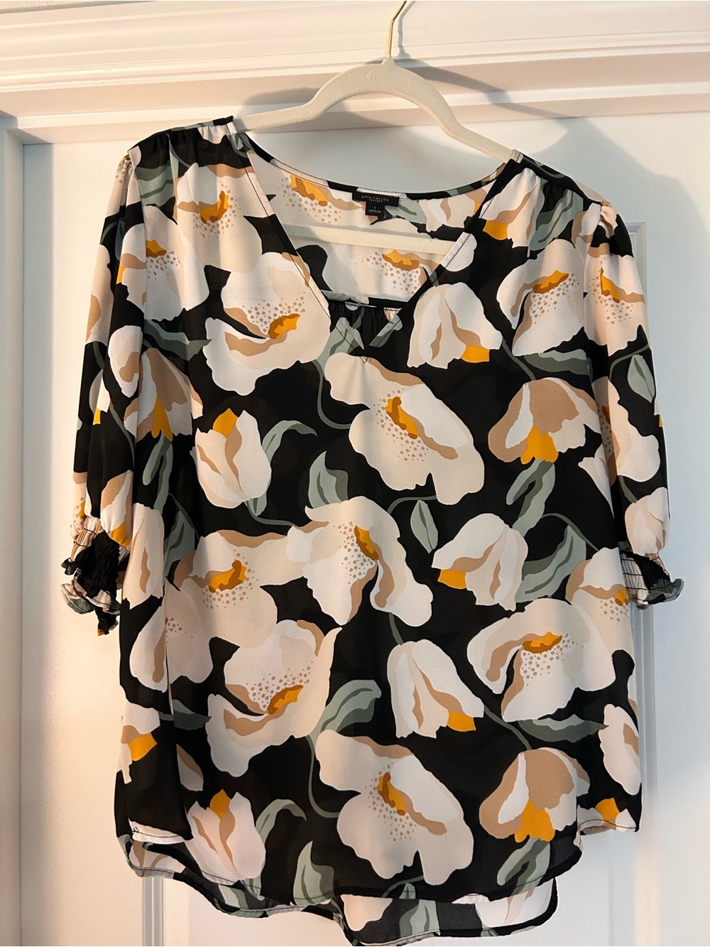 Ann Taylor Black Floral Blouse with White and Yellow Blooms